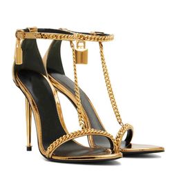 Lüks asma kilit sivri çıplak sandalet ayakkabıları kadınlar kilit metal metal stiletto topuklu altın zincir bağlantı seksi bayan parti gelinlik EU35-43 orijinal kutu