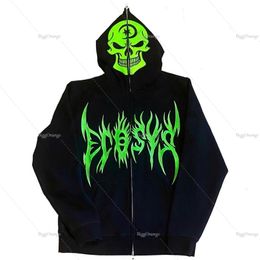 Mens Hoodies Sweatshirts Fluorescent Green Skull Pattern Clothes Teens Streetwear Oversized Anime Hoodie Men Harajuku Zip Sweatshirt Y2K Punk Clothing 220912