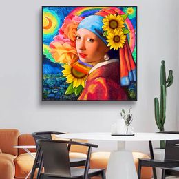 Lustiges Mädchen mit Perlenohrringen Sternenhimmel Sonnenblumen Poster und Drucke Leinwand Gemälde Wandkunst Bilder für Wohnzimmer Wohnkultur kein Rahmen