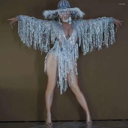 Stage Wear Silver Shining Rhinestones Tassel Sexy Bodysuits With Hat For Women Fashion Show Model Clothing Costume Jazz Dance Wears