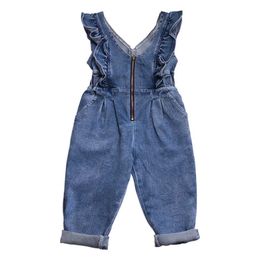 Overalls 1-7Y Ruffles Romper for Girl Zipper Casual Denim Jumpsuit Toddler Girls Clothing Bodysuit Children Overalls Jeans Outfits 220909