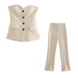 Women's Two Piece Pants TRAF Women Fashion Front Buttons Bustier Waistcoat And High Waist Zipper Fly Split Hems Trousers Female Two Piece Sets Mujer 220912