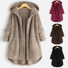 Women's Fur Faux Winter Fleece Irregular Long Sleeve Button Pocket Hooded Coat Autumn Ladies Overcoat 220912