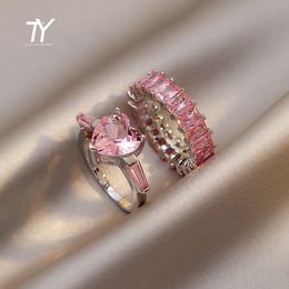 Classic Pink Crystal Geometry Peach Heart Silver Color Ring For Woman Wedding Girl's Luxury Set With Korean Fashion Jewelry