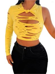 Women's T Shirts 2022 Female Pullover Solid Color Hollow Out Knotted Crop Tops T-Shirt Long Sleeve Blouse For Spring Summer Yellow S/M/L