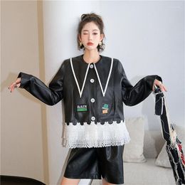 Women's Jackets Women's CLL Designer Pointed Collar Badge Black And White Contrast Leather Clothes Autumn Hollow Lace Coat 2022
