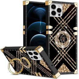 Luxuriöse elegante Gold-Schwarz-Nieten-Quadrat-Box-Hüllen, Leoparden-Feder, geometrische Rose, Blume, Diamant-Ring-Ständer, weicher TPU-Koffer für iPhone 14 13 12 11 Pro Max XR XS X 8 7 6 Plus
