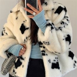 Women's Fur Faux Lucyever Black White Cow Pattern Mink Coat Womens Elegant Winter Short Turn-down Collar Coats Korean Soft Tops Woman 220912