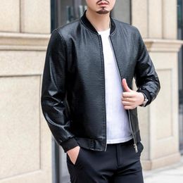 Men's Jackets Men Faux Leather Jacket Motorcycle Coat Crack Stand Collar Solid Long Sleeve Zipper Ribbed Cuff Streetwear