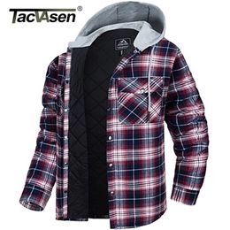 Jaquetas masculinas tacvasen 100% algodão flanela camisa de camisa com capuz masculino de manga comprida e ladeado botão de casaco xadrez para baixo