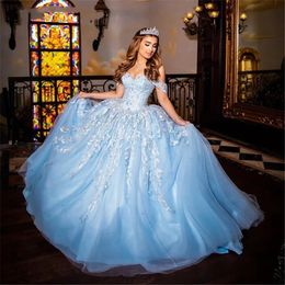 Sky Blue Princess Quinceanera Off Shoulder Lace Appliques Ball Gown Sweet 16 Dresses Vestidos De 15 Anos Custom Made