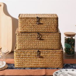 Storage Baskets Rectangular Storage Baskets with Lid Woven Handmade Laundry Basket Home Storage Box with Lid Sundries Panier Rangement 220912