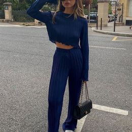 Women's Two Piece Pants Clacive Fashion Long Sleeve T-Shirts Two Piece Sets Womens Bodycon Blue Pleated Pants Set Streetwear Elegant Wide Trouser Suits 220912