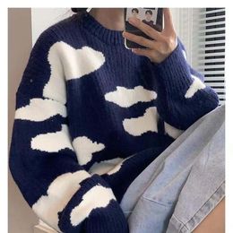 Mens Sweaters Korean Version Of The Hong Kong Flavor Round Neck Blue Sky White Cloud Sweater Men And Women Students Autumn And Winter Sets Wi 220912