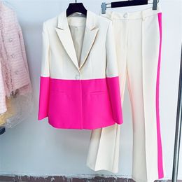 Women's Two Piece Pants Blazer Pantsuits Two Piece Set Office Ladies Women Color Match Business Single Button Flared Pants Blazer Pants Formal Suit 220912