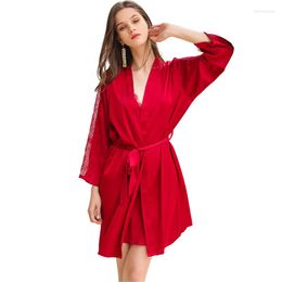 Women's Sleepwear Sexy Perspective Lace Women Robe Set Summer Sling Nightgown Kimono Bathrobe Gown Lingerie Bride Dressing M-XXL