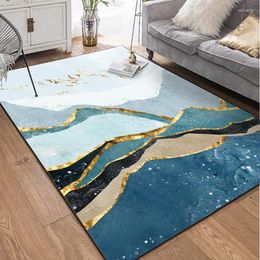 Carpets Abstract Blue Marble Carpet And Rug Geometric Golden Striped Living Room Sofa Table Tapete Bedroom Bedside Non-Slip Floor Mats