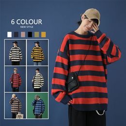 Mens Sweaters Contrast Stripe Knitted Sweater Autumn Winter 6 Color Men And Womens Pullover Black Red Striped Oversized Sweater 220912