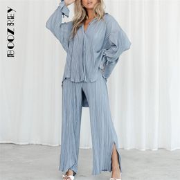 Womens Two Piece Pants BoozRey Womens Suits Pleated Shirts Longsleeved Lapel Cardigan Slit Trousers Pajamas Twopiece Set Causal Elegant Women Set 220909