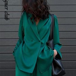 Womens Two Piece Pants Fashion Satin Long Sleeve Blazer Suits Women Elegant Turn Down Collar Two Piece Sets Office Ladies Green Outfits Autumn 220909