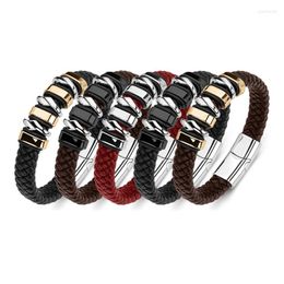 Charm Bracelets Fashion Braided Genuine Leather Men's Bracelet On Hand Magnetic Clasp Wristband Stainless Steel Bangles Male Jewellery