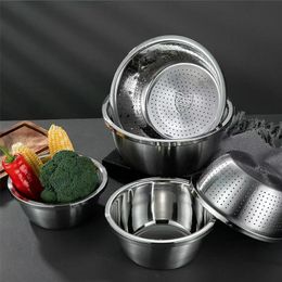 Storage Baskets 304 Stainless Steel Vegetables Basin Egg Mixing Bowls Rice Sieve Drain Basket Soup Basin Strainer Kitchen Cooking Storage Tools 220912