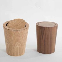 Storage Baskets 9L Garbage Can with Lid Waste Bins Solid Wood Wastebasket Home Cleaning Tools Round Trash Can Swing Cover Office Storage Baskets 220912