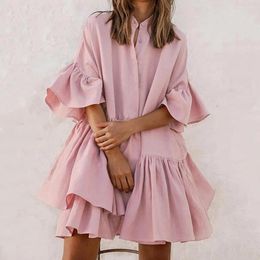 Casual Dresses Women Solid Ruffles Mini Dress Autumn Half Sleeve Button Loose Pink White Flare Party Shirt 3XL Fall Robe