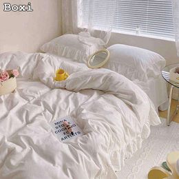 Japonya Tarzı Düz Renk Yatak Seti Sevimli Kız Fırfır Dantel Pembe Yatak Etek Çocuklar Nevresim Kadınlar Için Kılıf Çarşaf Ile T220817