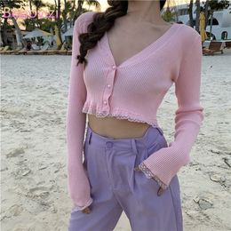 Women's Sweaters Pink Black Green Black Women Cardigans Fashion Slim Ladies Knitted Sweater Crop Top Long Sleeve Buttons Sweater 220909