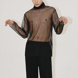 Men's T Shirts Sexy Black Turtleneck See Through Fot Mens Mesh Stretch Clothing Transparent Base Korean Fashion High Neck Top