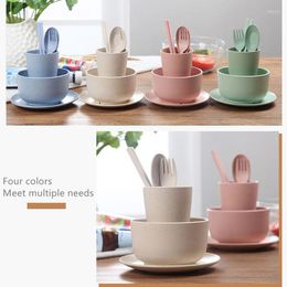 Dinnerware Sets 6PCS Wheat Straw Tableware Set Chirldren Adult Spoon Fruit Fork Cup Salad Soup Bowl Plate Dishware Kitchen Reusable