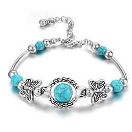 Natural Turquoise Pendant Bracelet Metal Alloy Handmade String Beads Bangle Friendship Bracelets Women Jewellery