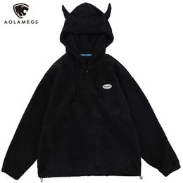 Men's Hoodies Sweatshirts Aolamegs Men Twist Knitting Demon Horns Solid Colour Zipper Coats Soft Cosy Hipster Tops Hip Hop Loose Casual Streetwear 220912