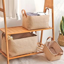 Storage Baskets 2pcs Woven Storage Baskets Foldable Storage Box with Handle Book Sundries Clothes Oragnizer Closet Organiser Large Woven Basket 220912