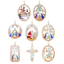 Christmas Decorations Wood Tree Pendant Hangin Ornaments With Holes Nativity Memorial Ornament Snowman Tag Hanging Decoration 220912