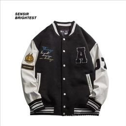Mens Jackets Sensir School Jacket American Pu Leather Stitched Tweed Baseball Suit High Street Oversize Loose varsity jacket Men 220912