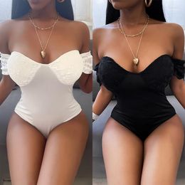 Women's Two Piece Pants Women's Black Ruffles Sexy Mesh Bodysuit Women Tops Off Shoulder Bodycon Lace Rompers Womens Jumpsuit Female