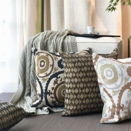 Pillow European Retro Brown Geometric Jacquard Cover Ethnic Style Circle Embroidered Sofa Decor Home Pillowcase 45