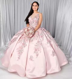 Light Pink Princess Ball Gown Quinceanera Dresses Satin Appliques 3D Handemade Flowers Birthday Party Prom Dress AA