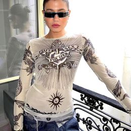 Women's T-Shirt Tops & Tees European And American Autumn New Round Neck Long Sleeve Pullover Print Slightly Transparent