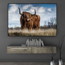 Highland Cow Cattle Animal Canvas Art Nordic Painting Posters and Prints Scandinavian Wall Picture for Living Room Decoration