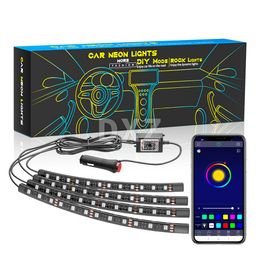 4 in 1 Car Interior Neon RGB Led Strip Light 12SMD Wireless App Remote Music Control Decorative Atmosphere Lamp USB 12V