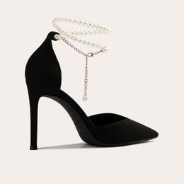 Dress Shoes 2022 Spring & Summer Pearl Chain Sandals Women Stiletto Pointed Toe High Heels Sexy Buckle Strap Pumps