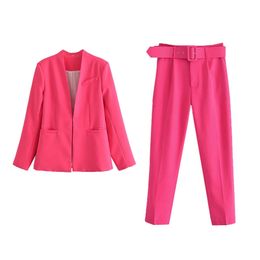 Women's Two Piece Pants Women's Blazers Set Pant Suit Office Ladies Elgant Chic Blazer Jacket Solid Coat Two Piece Blazer Suit With Belt Pant Autumn trf 220913