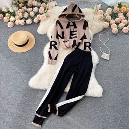 Women's Two Piece Pants Fashion Autumn Winter Knitted Tracksuit Women Chic Letters Hooded Long-Sleeved SweaterPocket Trousers Sports Two-Piece Pant Set 220913
