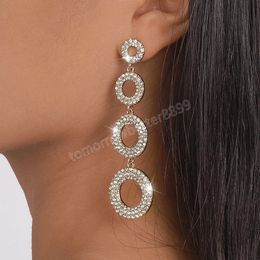 Luxury Rhinestone Geometric Round Long Tassel Dangle Earrings Women Wedding Bridal Hanging Earrings Engagement Ear Jewellery Party