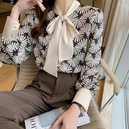 Women's Blouses Chiffon Loose Women's Casual Long Sleeve Shirt Fashion Printing Bow Summer Korean Style Female Clothing