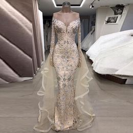 Luxury Mermaid Evening Dresses Long Sleeves V Neck Appliques Sequins Shiny Sexy Lace Beaded Floor Length Detachable Train Celebrity Plus Size Party Gowns Prom Dress