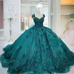 Teal Quinceanera Dresses Sequined Lace Hunter Green Cap Sleeves Crystal Beads Hand Made Flowers Corset Back Sweet 16 Party Prom Dress Evening Gowns